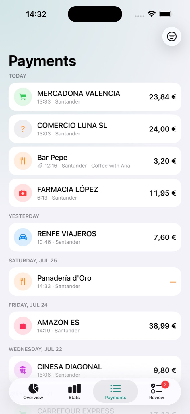 Payments screen: a searchable timeline of captured payments